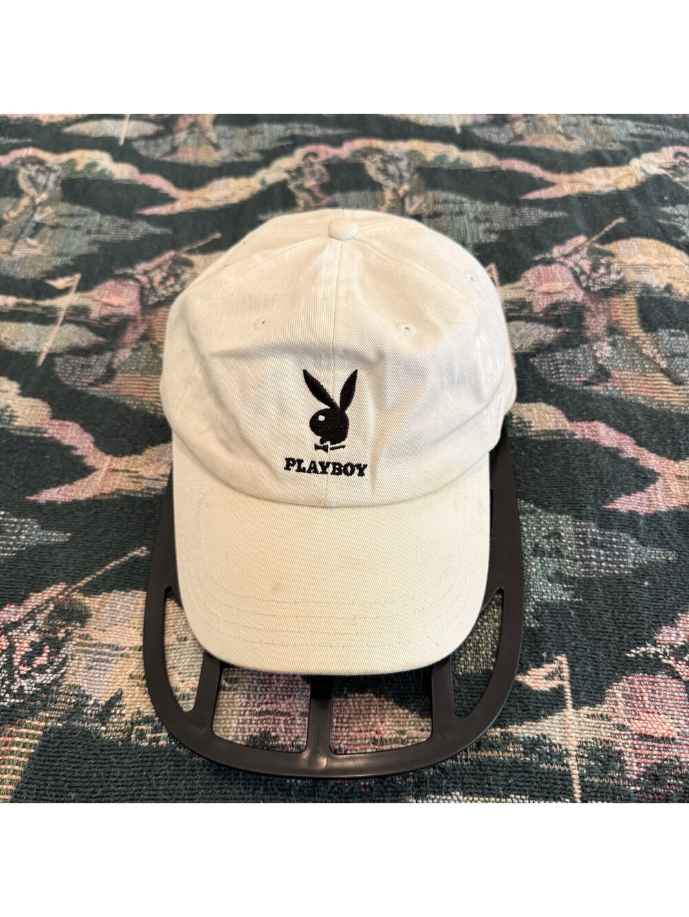 Vintage 00s Playboy Bunny Logo White Strapback Hat Black Embroidered OSFM